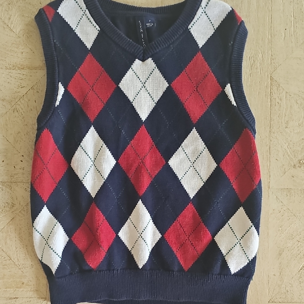 Janie and Jack Argyle Sweater Vest - Navy, Red, and White